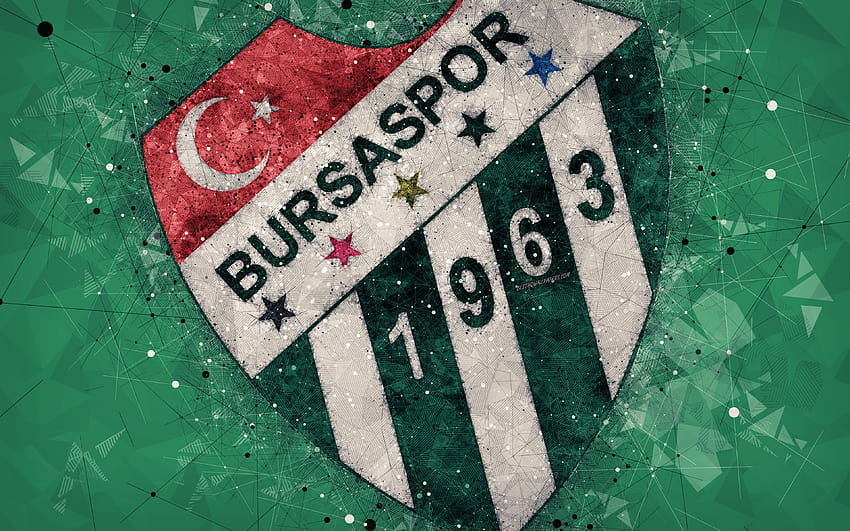 Bursaspor, logo, sztuka kreatywna, turecki klub piłkarski, sztuka geometryczna, styl grunge, zielone abstrakcyjne tło, Bursa, Turcja, Süper Lig, piłka nożna o rozdzielczości 3840x2400. Wysoka jakość Tapeta HD