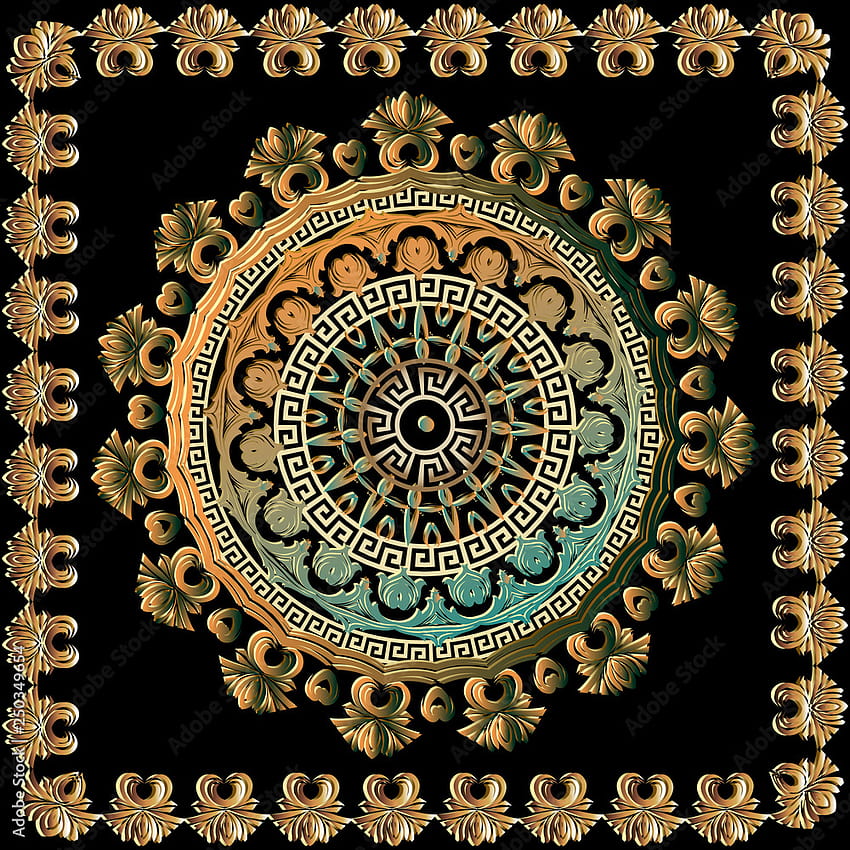 3D-Barock-Vektor-Mandala-Muster. Floraler antiker quadratischer Rahmen. Ornamentaler Hintergrund. Rundes Luxus-Mandala-Ornament mit Blumen, griechischer Schlüsselmäander. Design für Panel, Fliesen, Textil, Druck Stock Vector, runder Rahmen HD-Handy-Hintergrundbild