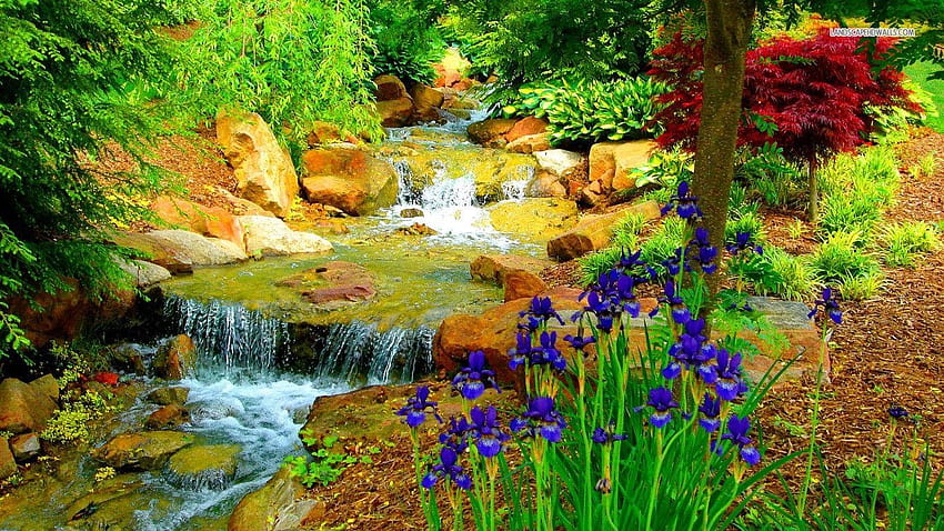 Waterfall: Waterfall Spring Garden Flowers Gardens Waterfalls, flower garden HD wallpaper