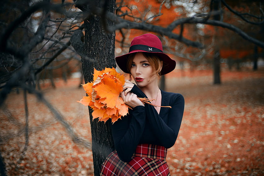 : fall, women outdoors, redhead, model, looking at viewer, red, hat, dress, fashion, eyeliner, spring, clothing, romance, color, autumn, child, flower, girl, beauty, season, woman, lady, graph, costume, portrait graphy, girls autumn clothes HD wallpaper