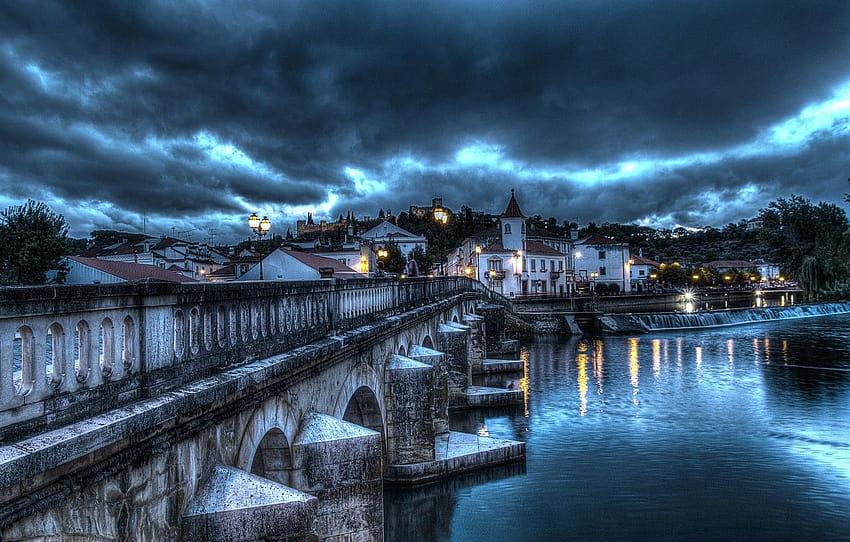 the storm, clouds, bridge, reflection, river, castle, mirror, Portugal, Tomar, lampposts, Santarem , section город HD wallpaper