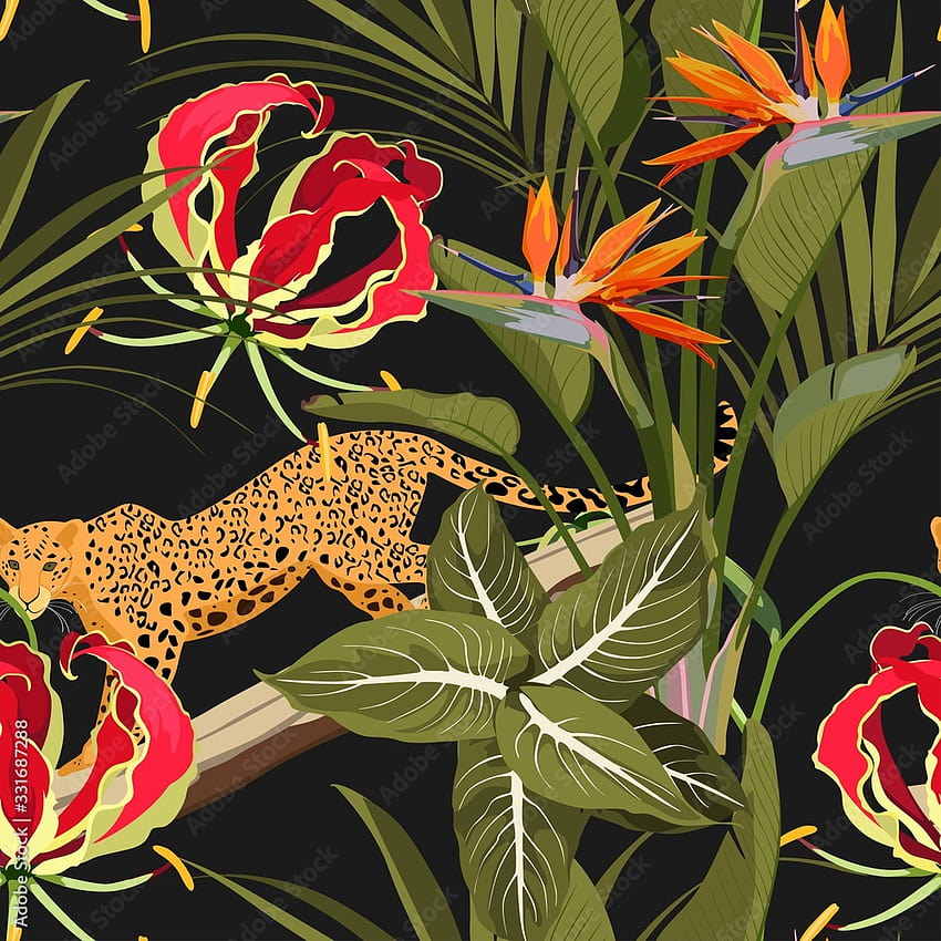 Seamless tropical safari pattern backgrounds with leopard, palms, and exotic flowers isolated on black background. Perfect for , web page backgrounds, surface textures. Stock Vector HD phone wallpaper