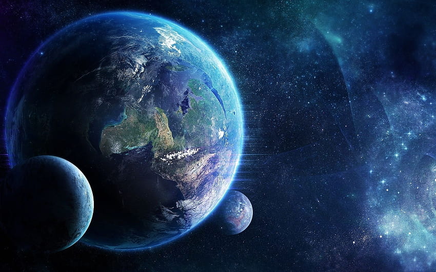 Tierra moviéndose en el espacio con pequeños planetas, sistema solar en movimiento fondo de pantalla