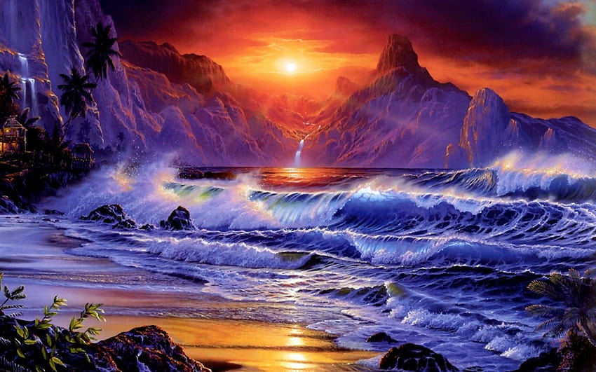 Sunset, coastline mountain sea clouds HD wallpaper
