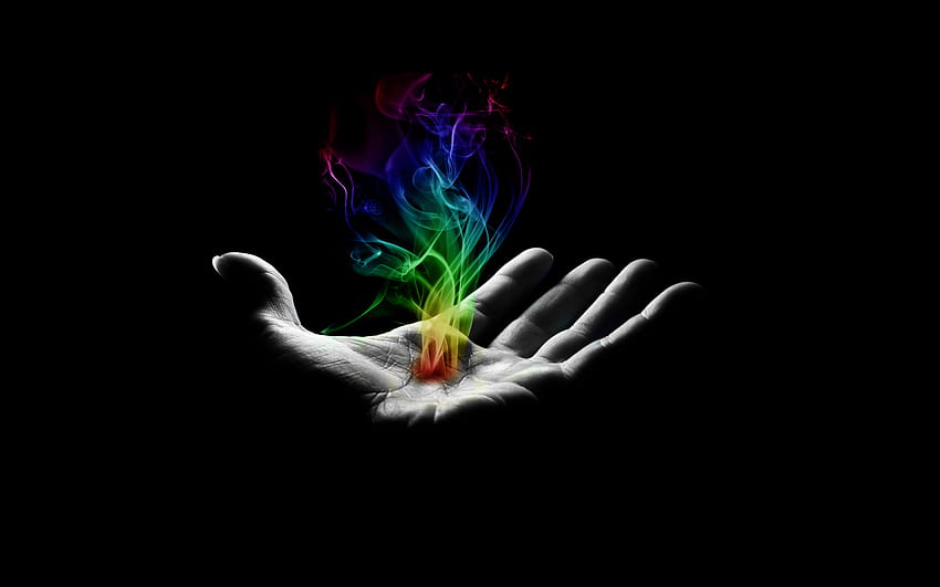 Flammen, Schwarz, Handfläche, Hände, Regenbögen, schwarze Hintergründe, Regenbogenflammen HD-Hintergrundbild