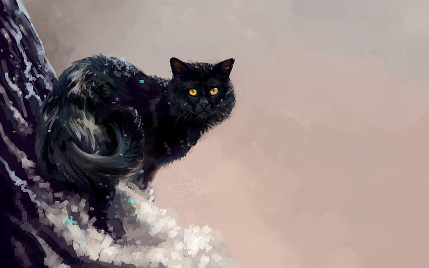 Art Painting, Black Cat, Winter, Tree, cute winter cat HD wallpaper