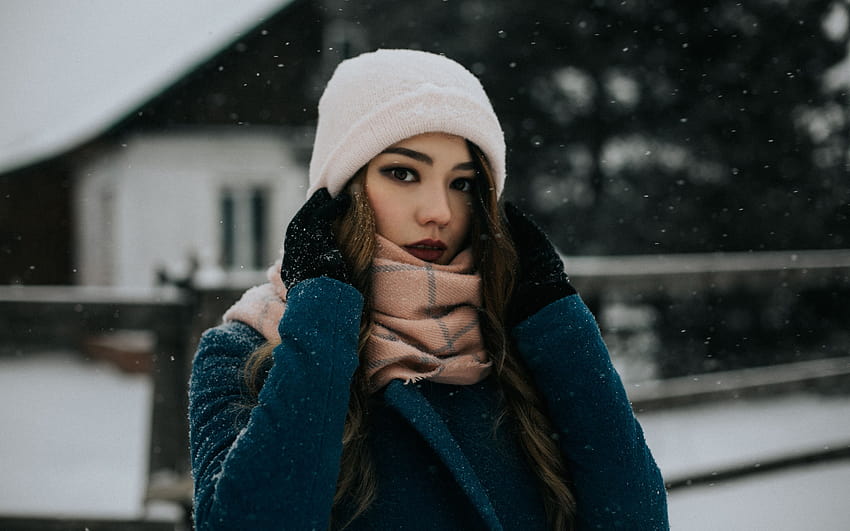 : winter, snow, cold, face, women outdoors, blue coat 1920x1200, women winter HD wallpaper
