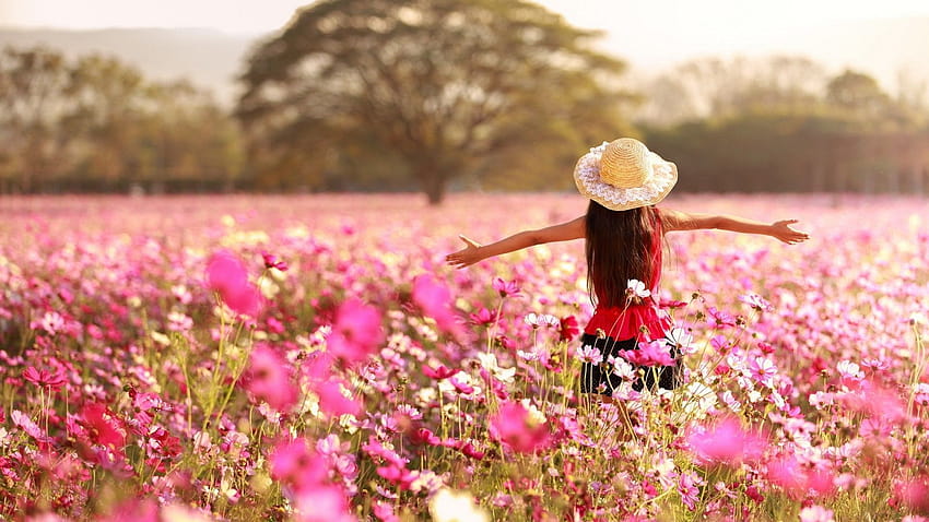 2931744 / 1920x1080 landscape women women outdoors flowers field cosmos flower JPG 451 kB, women flowers HD wallpaper