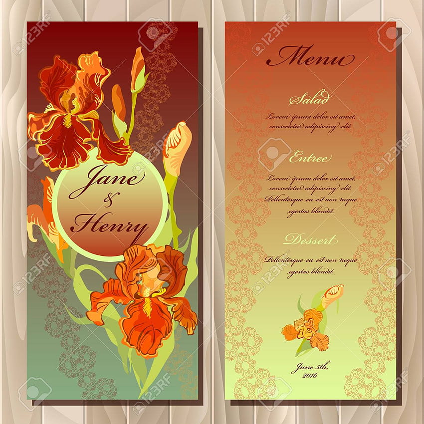 Wedding Menu Card With Iris Flowers And Lace Stripe Vector [1300x1300] for your , Mobile & Tablet HD phone wallpaper