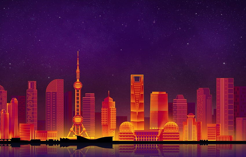 El cielo, Minimalismo, Noche, La ciudad, Shanghái, Shanghái, Arte, Digital, Ilustración, Game Art, por Caio Perez, Caio Perez, s de la ciudad, sección минимализм, horizonte minimalista fondo de pantalla