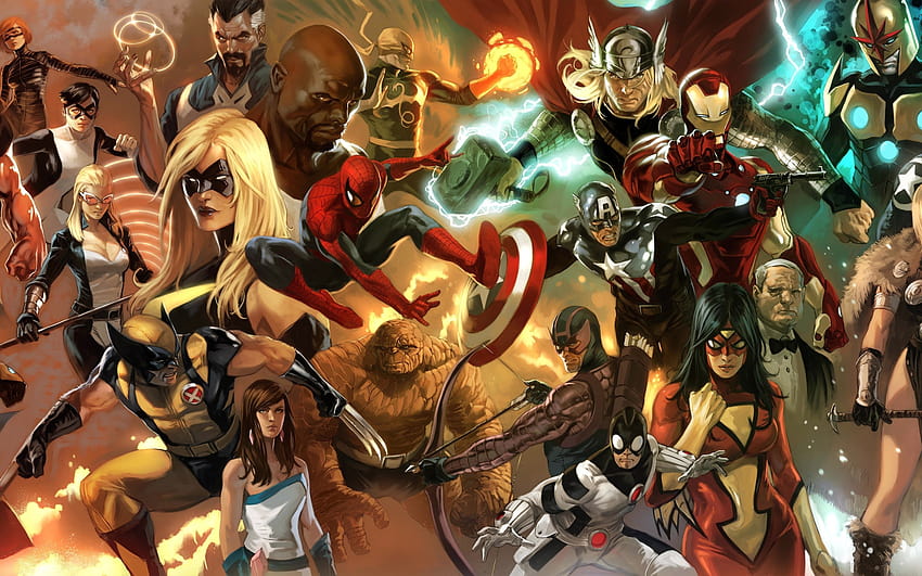 Marvel Comics The Avengers Collage Máscara de superhéroe Blonde Spider Man Iron Man Thor Marko Djurdjevic, collage de superhéroes fondo de pantalla