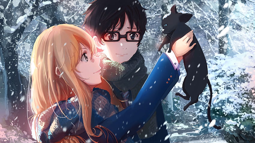 Anime girl and boy in winter, cat, snow 3840x2160 U, snow anime HD wallpaper