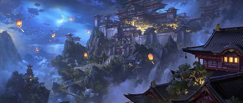 Paysage de nuit de château japonais de montagne de lanterne de ciel d'anime, paysage japonais d'anime Fond d'écran HD