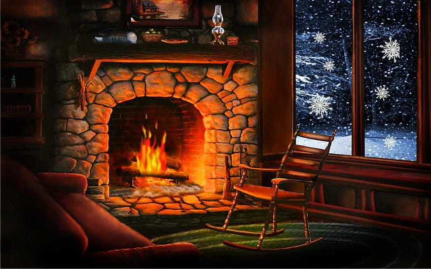 暖炉の雪、火の煙突 高画質の壁紙