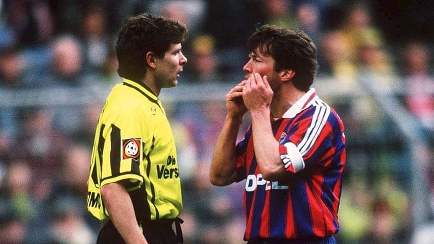Lothar Matthäus and Andreas Möller clash in this 1997 Der Klassiker match, lothar matthaus HD wallpaper