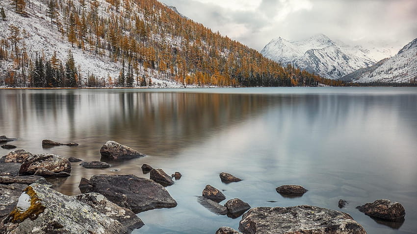 Altai Mountains, ridge, Multinskoe Lake, trees, stones, sunset altai mountains HD wallpaper