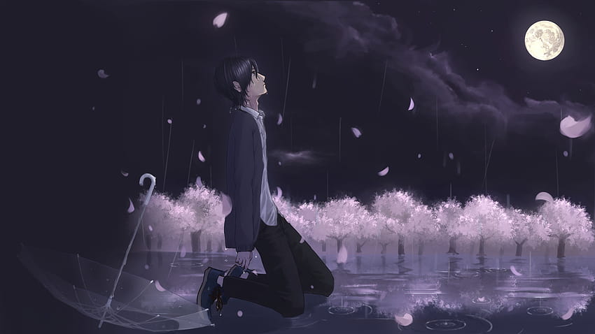 Raining, Moon, Teary Eyes, Anime Boy, Petals, Sadness, Crying, sad crying anime boy HD wallpaper
