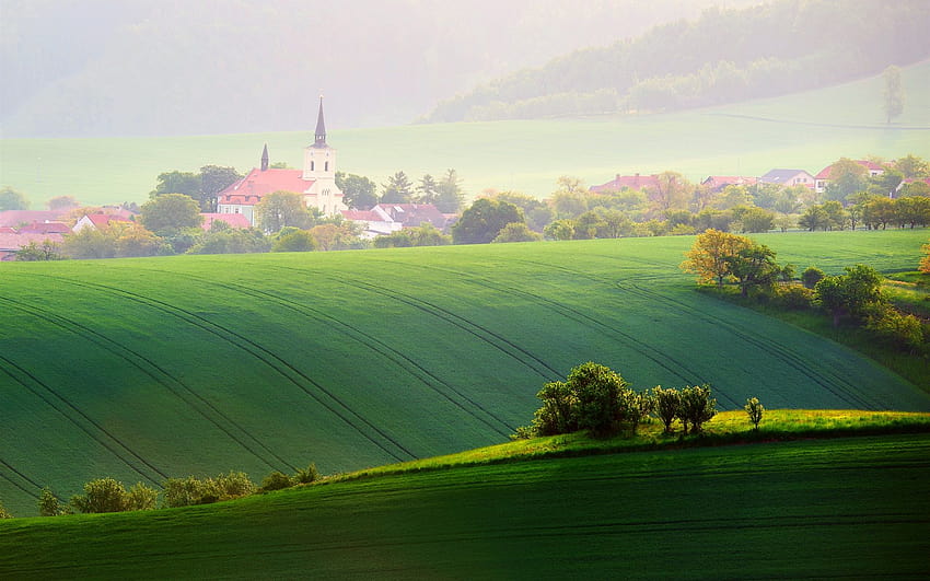 Moravia, fields, trees, spring, chapel, Czech Republic, spring chapel HD wallpaper