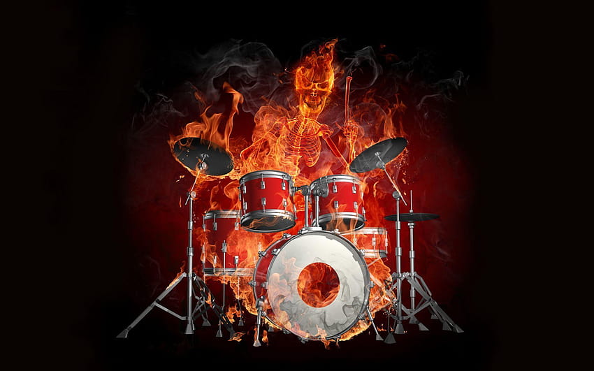 3D Skeleton With Drums Flame Effect, drummer HD wallpaper