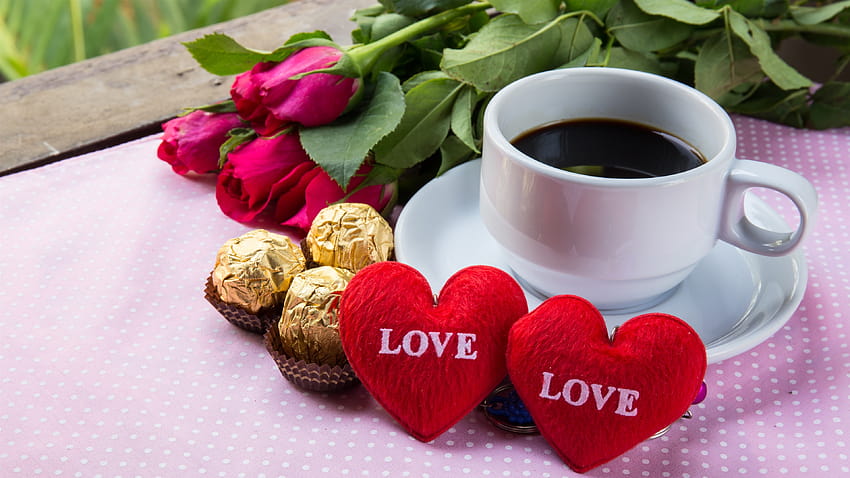 Red love hearts, chocolate, coffee, rose, romantic, coffee with rose HD wallpaper