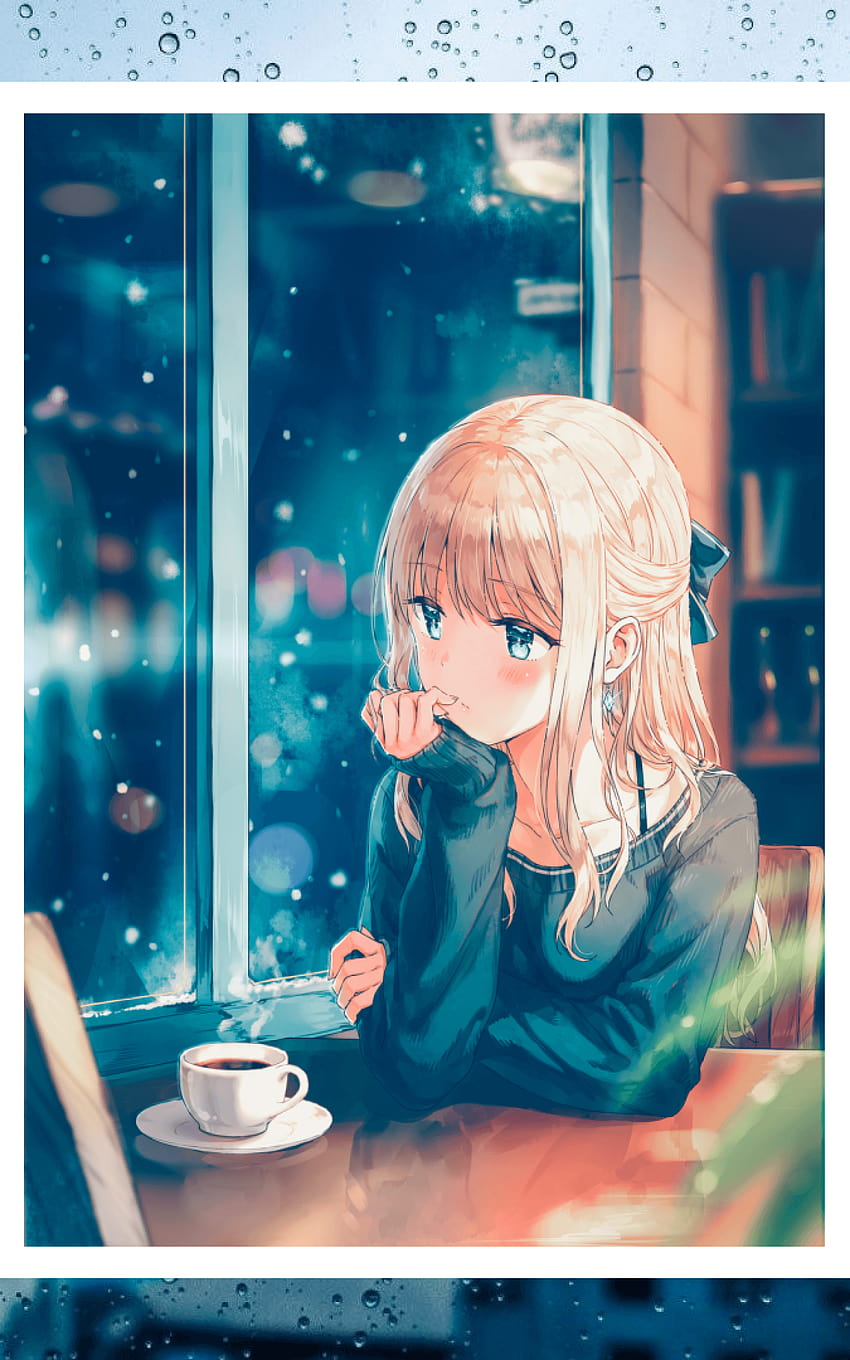 1600x2560 Anime Girl, Window, Raining, Coffee, Blonde, Rain, anime rain HD phone wallpaper