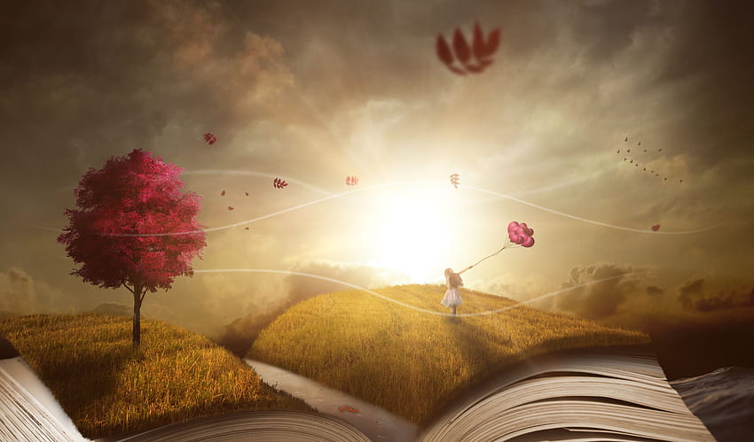 Dream, Autumn, Landscape, Book, Girl, , Fantasy HD wallpaper