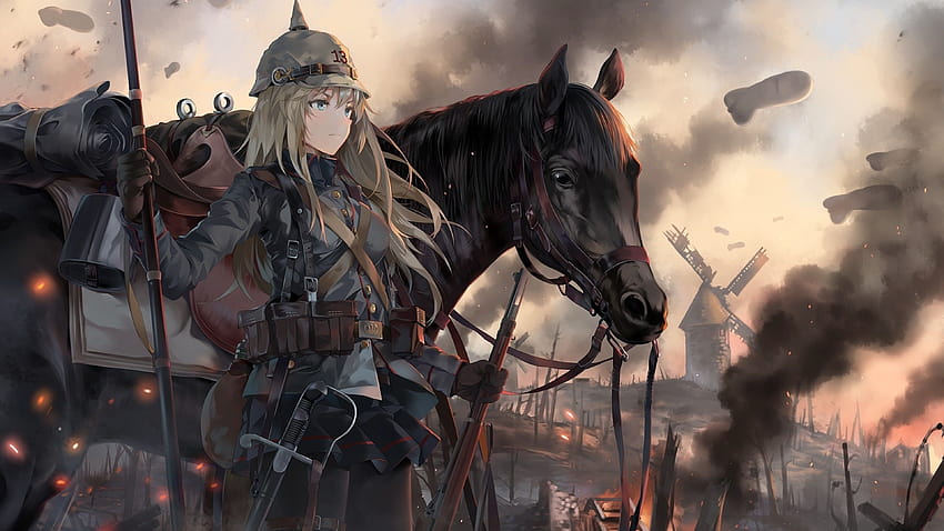 3840x2160 аниме момиче, война, кон, военна униформа, копие, военно аниме HD тапет