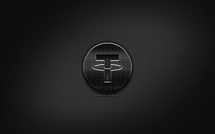 Tether black logo, cryptocurrency, grid metal background, Tether, artwork, creative, cryptocurrency signs, Tether logo with resolution 2880x1800. High Quality HD wallpaper