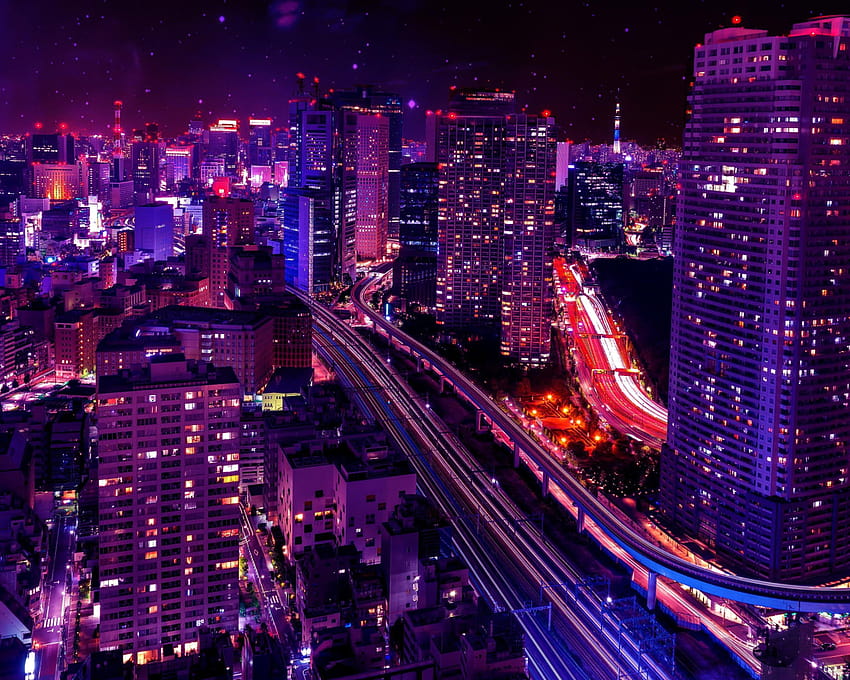 Japoński komputer estetyki miasta, fioletowy w estetyce tokio Tapeta HD