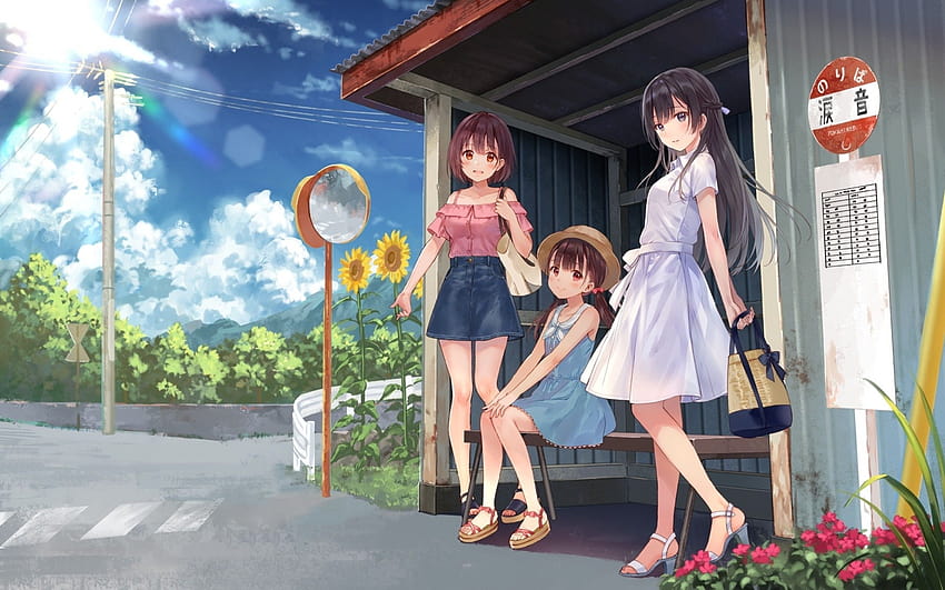 2880x1800 Anime Dziewczyny, Lato, Przyjaciele, Przystanek autobusowy, Chmury, letni przyjaciele Tapeta HD