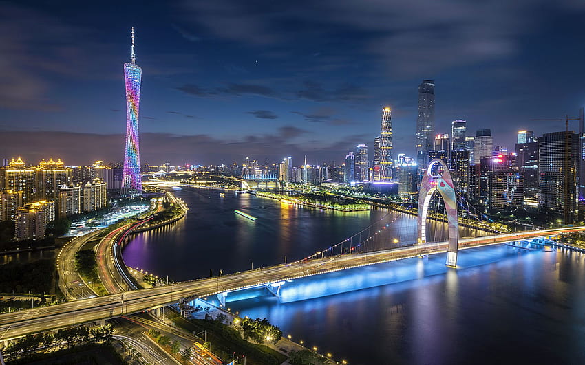 Gebäude der Stadt Guangzhou in der Provinz Guangdong China Nachtansicht HD-Hintergrundbild