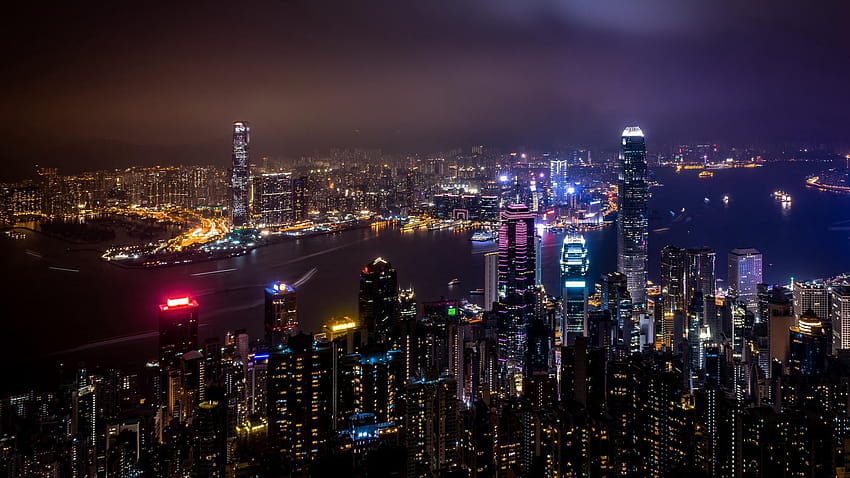 2048x1152 hong kong, cina, grattacieli, grattacieli di notte Sfondo HD