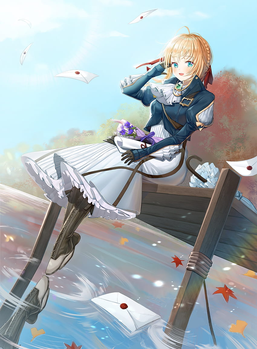 Leaves, Letters, Water, Blonde, Robotic Arm, Wind, Autumn, Violet Evergarden HD phone wallpaper