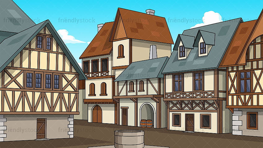 中世の町の背景漫画ベクトル クリップアート、中世の村 高画質の壁紙