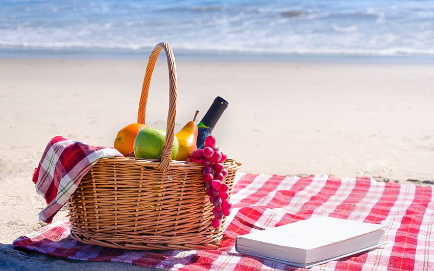 konser piknik, keranjang buah dan anggur, pantai, musim panas, pasir, pantai, laut dengan resolusi 1920x1200. Kualitas tinggi, keranjang musim panas Wallpaper HD