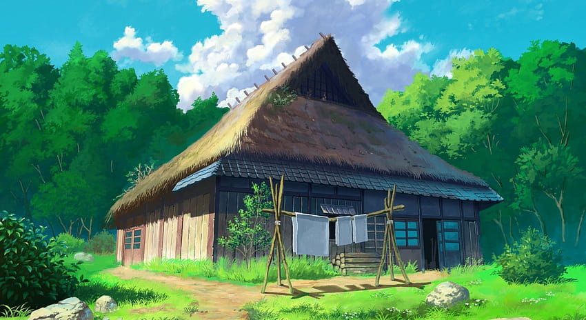 1980x1080 Anime Haus, Wald, Wolken, Landschaftlich, Gras HD-Hintergrundbild