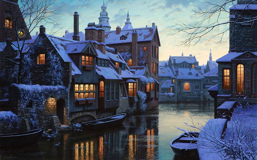 冬のロマンチックな街の夜の漫画、冬の街の夜 高画質の壁紙