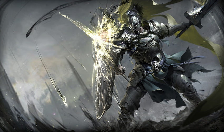Cavaliere che tiene spada e scudo digitale, guerriero, guerriero inginocchiato fantasia spada Sfondo HD