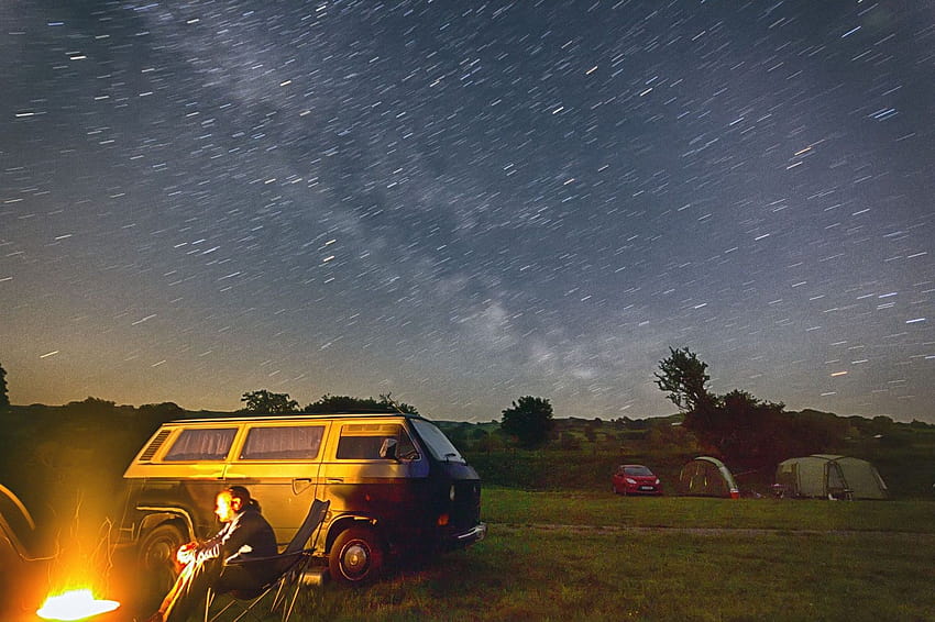 : landscape, night, nature, car, sky, field, Volkswagen, evening, R, horizon, longexposure, cloud, tree, plant, night graphy, astro graphy, vw, 550d, atmosphere of earth, astronomical object, t3, phenomenon, t25, campervan 5184x3456, vw t3 HD wallpaper