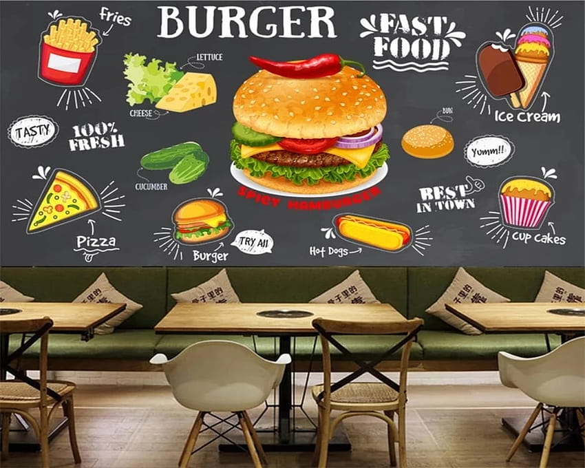 beibehang 3D dinding papan tulis retro ayam goreng burger katering dinding latar belakang makanan cepat saji kentang goreng Wallpaper HD