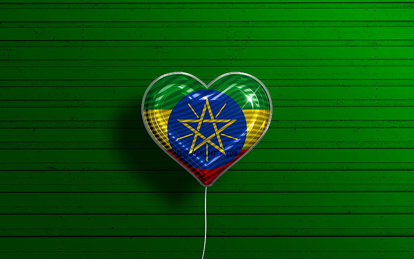 I Love Ethiopia, realistic balloons, green wooden background, African countries, Ethiopian flag heart, favorite countries, flag of Ethiopia, balloon with flag, Ethiopian flag, Uganda, Love Ethiopia with HD wallpaper
