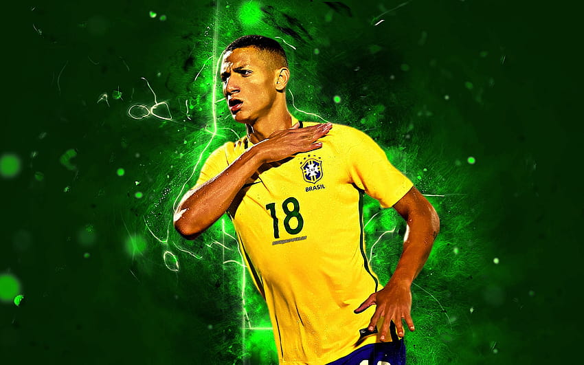 Richarlison, bramka, reprezentacja Brazylii, gwiazdy piłki nożnej, Richarlison de Andrade, piłka nożna, neony, brazylijska drużyna piłkarska z rozdzielczością 2560x1600. Wysokiej jakości mężczyźni brazylijskiego klubu piłkarskiego Tapeta HD