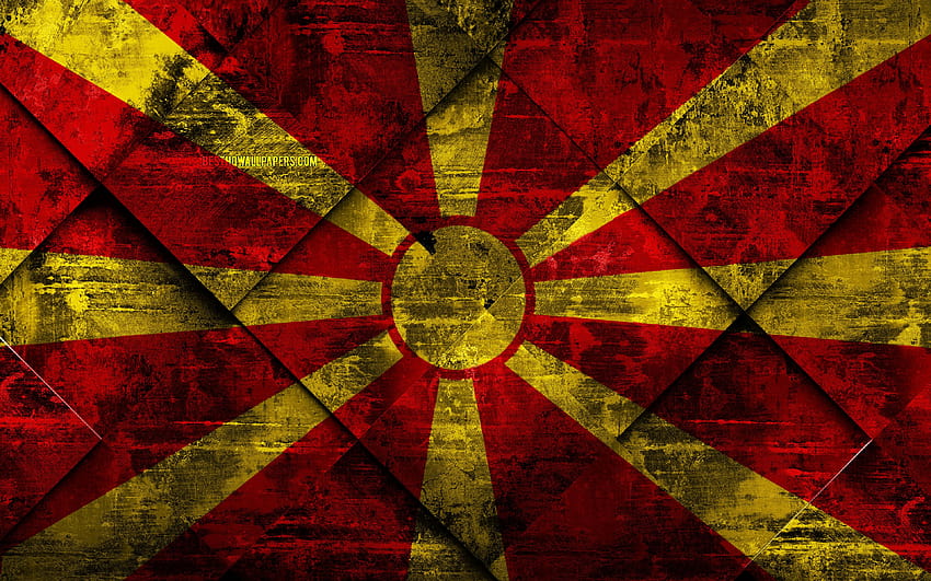 Flag of North Macedonia, grunge art, rhombus grunge texture, North Macedonia flag, Europe, national symbols, North Macedonia, creative art with resolution 3840x2400. High Quality HD wallpaper