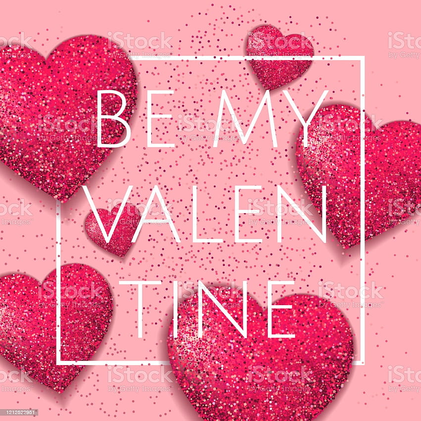幸せなバレンタインデーのロマンチックなデザイン要素私のバレンタイン愛ピンクの背景にキラキラ ハートの装飾品と白いフレームのレタリング ベクトル イラスト招待状グリーティング フライヤー ストック イラスト、バレンタインデー ピンクのキラキラ HD電話の壁紙