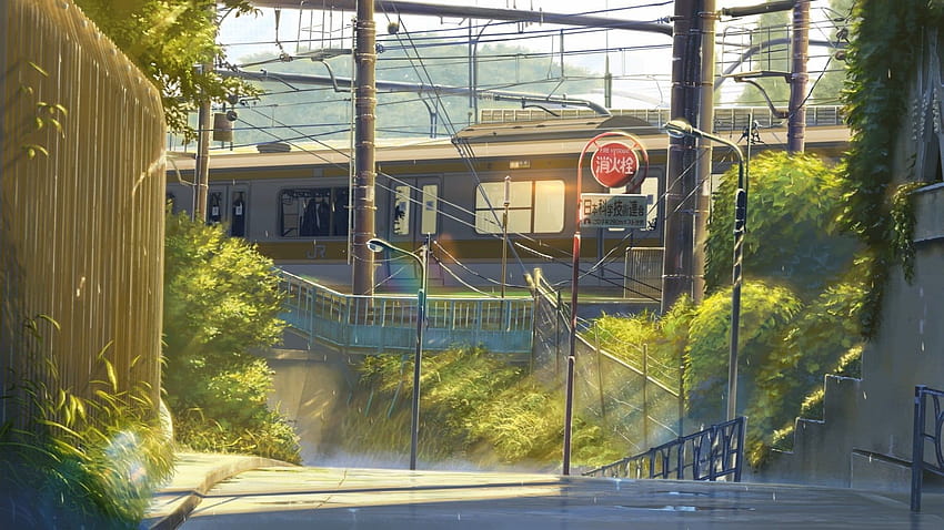 Graue Zugmalerei, Anime, Straße, Zug, Stadt, Straßenanime HD-Hintergrundbild