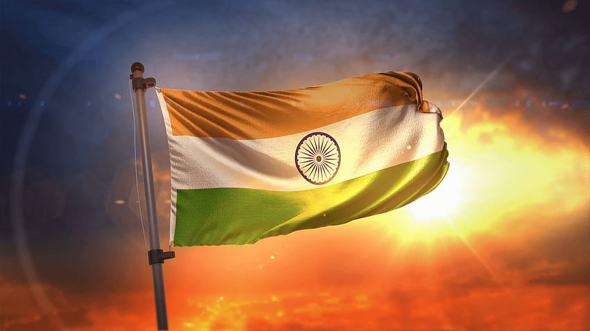 美しい日の出ループ スロー モーション モーションでインドの旗のバックライト、インドの旗 高画質の壁紙
