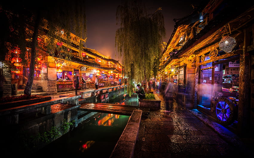 Licht, Bäume, dunkel, Nacht, China, Markt, Lichter der Stadt, Langzeitbelichtung, Markttag HD-Hintergrundbild