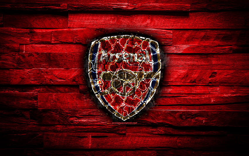 Arsenal FC, fiery logo, red wooden background, The Gunners, Premier League, english football club, FC Arsenal, grunge, football, Arsenal logo, fire texture, England, soccer with resolution 2880x1800. High HD wallpaper