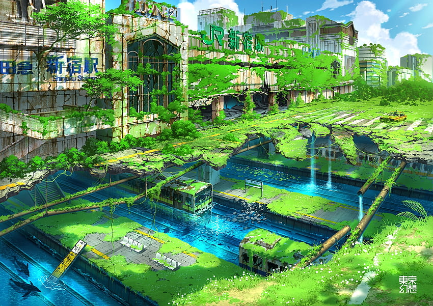 животно сграда кола град риба трева зелено оригинални руини живописен токиогенсо влак дърво воден знак, зелен град аниме HD тапет