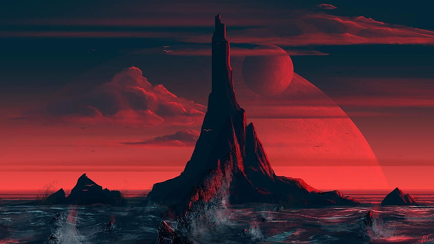 1600x900] Roter Himmel mit Turm im Jahr 2020, roter Computer HD-Hintergrundbild